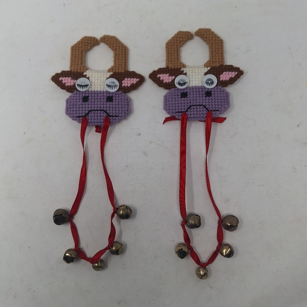 Vintage Handmade Cow Door Knob Hanger Plastic Canvas Needlepoint Hanging Bells